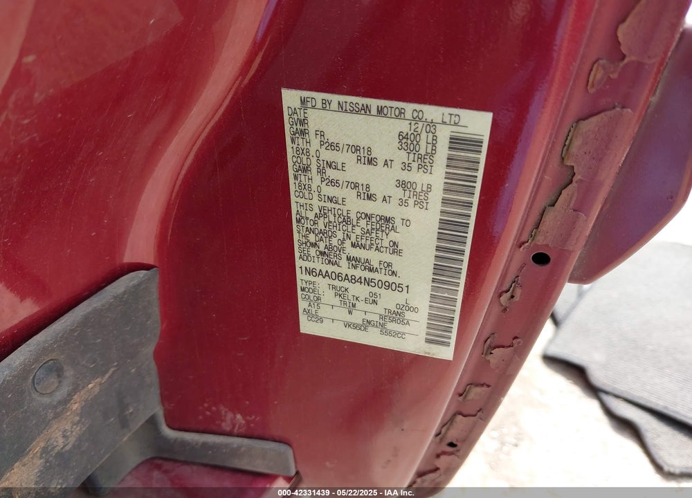 2004 NISSAN TITAN SE VIN: 1N6AA06A84N509051