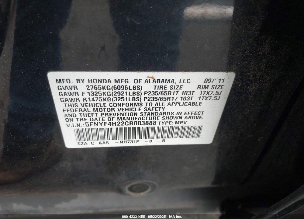 2012 HONDA PILOT LX VIN: 5FNYF4H22CB003888