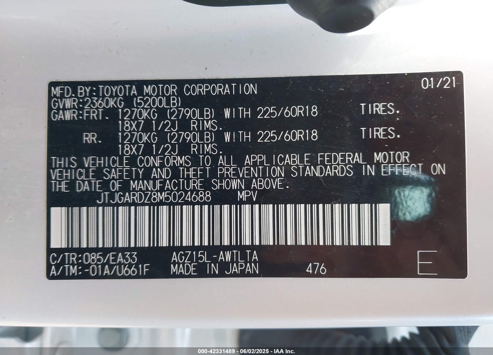 2021 LEXUS NX 300 VIN: JTJGARDZ8M5024688