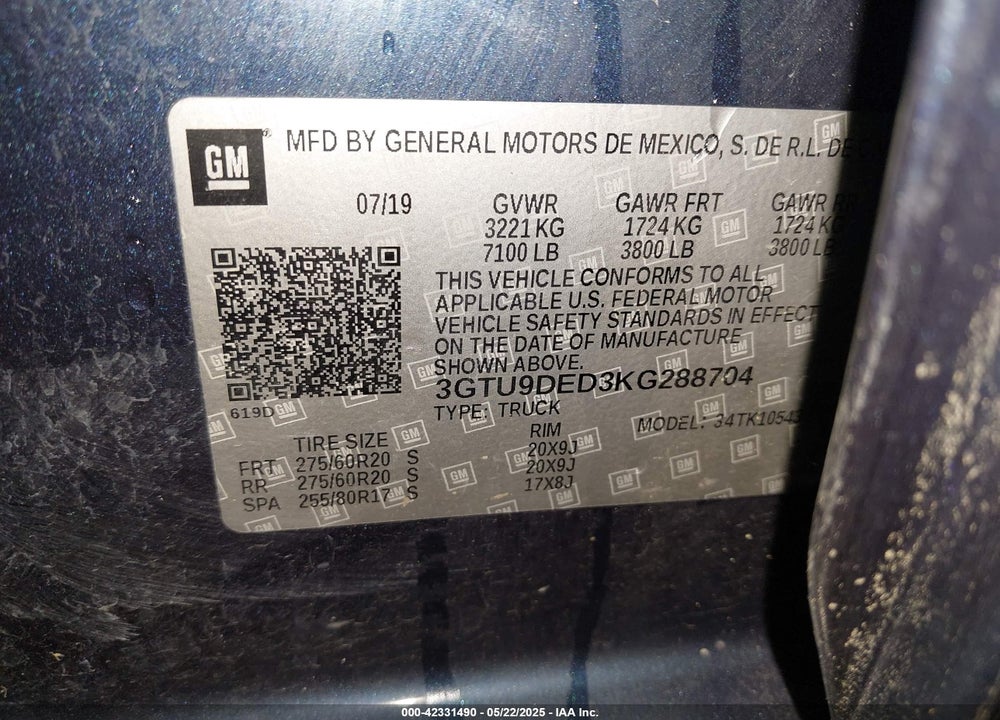 2019 GMC SIERRA 1500 VIN: 3GTU9DED3KG288704