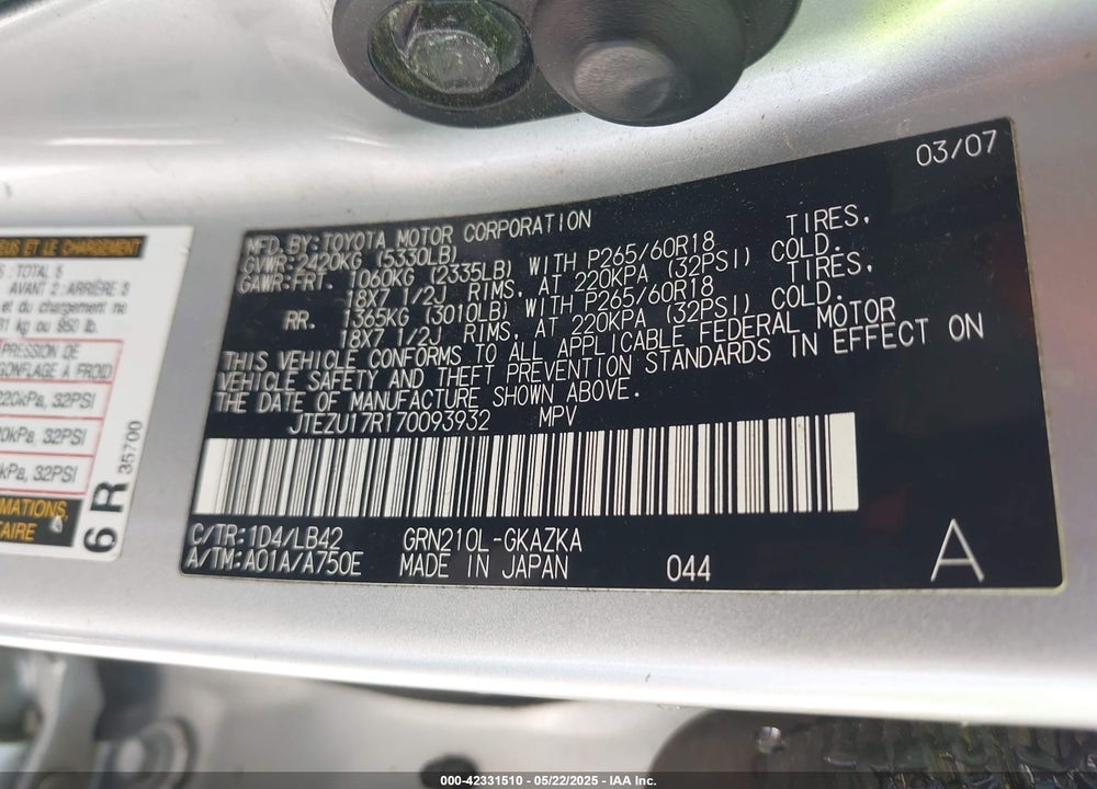 2007 TOYOTA 4RUNNER LIMITED V6 VIN: JTEZU17R170093932