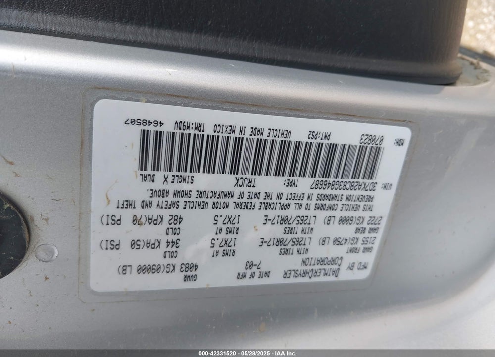 2003 DODGE RAM 2500 SLT/LARAMIE/ST VIN: 3D7KA28C83G846687