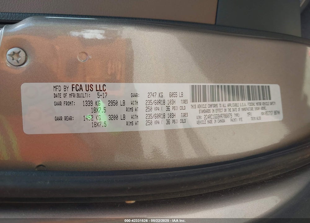 2017 CHRYSLER PACIFICA LIMITED VIN: 2C4RC1GG9HR786079