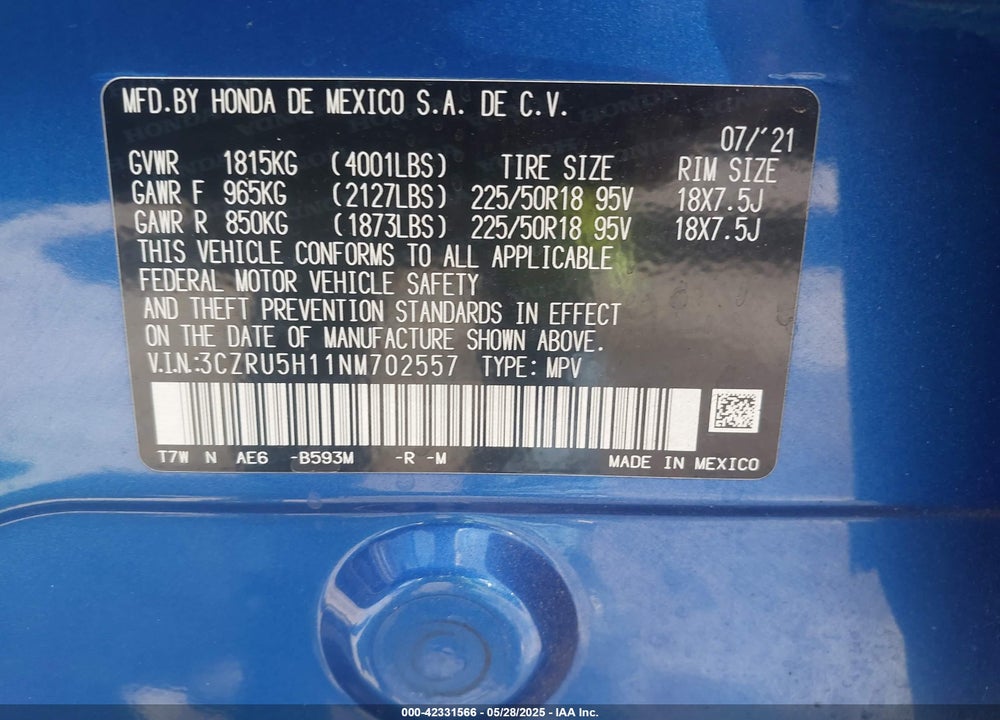 2022 HONDA HR-V 2WD SPORT VIN: 3CZRU5H11NM702557