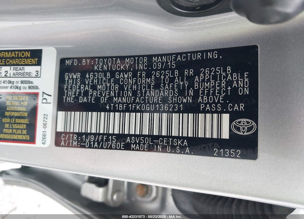 2016 TOYOTA CAMRY VIN: 4T1BF1FK0GU136231