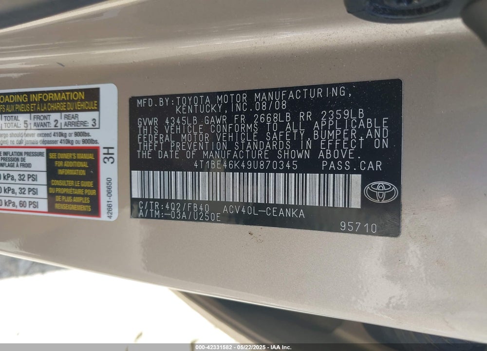 2009 TOYOTA CAMRY VIN: 4T1BE46K49U870345