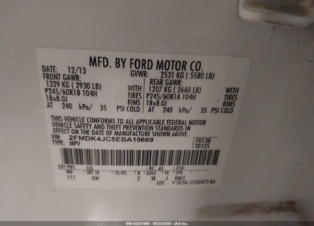 2014 FORD EDGE VIN: 2FMDK4JC5EBA15669