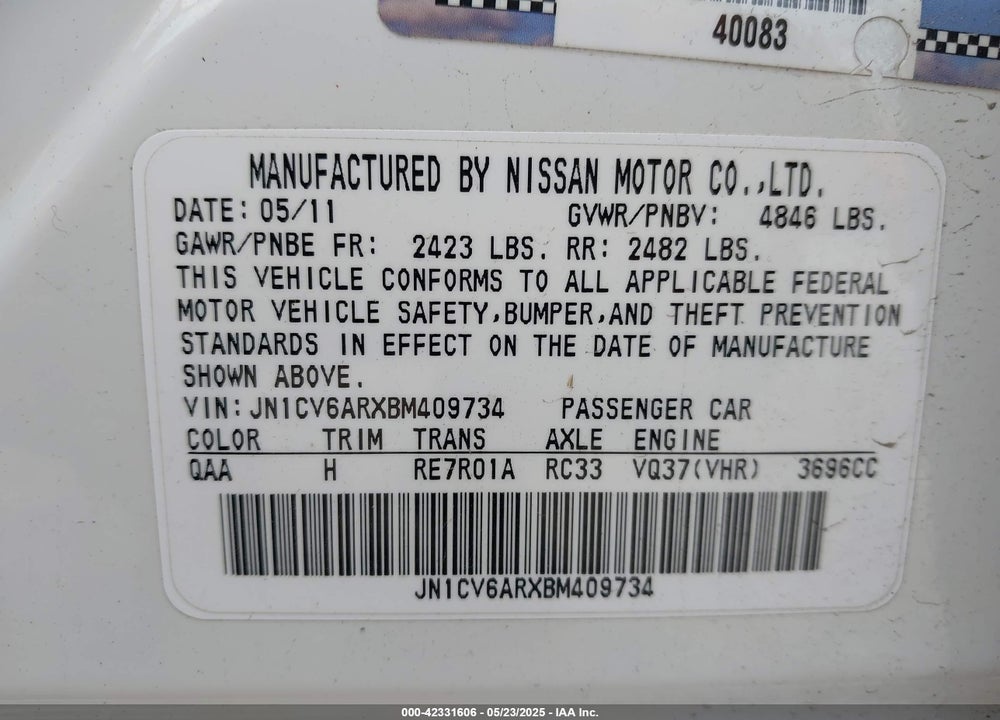 2011 INFINITI G37X VIN: JN1CV6ARXBM409734