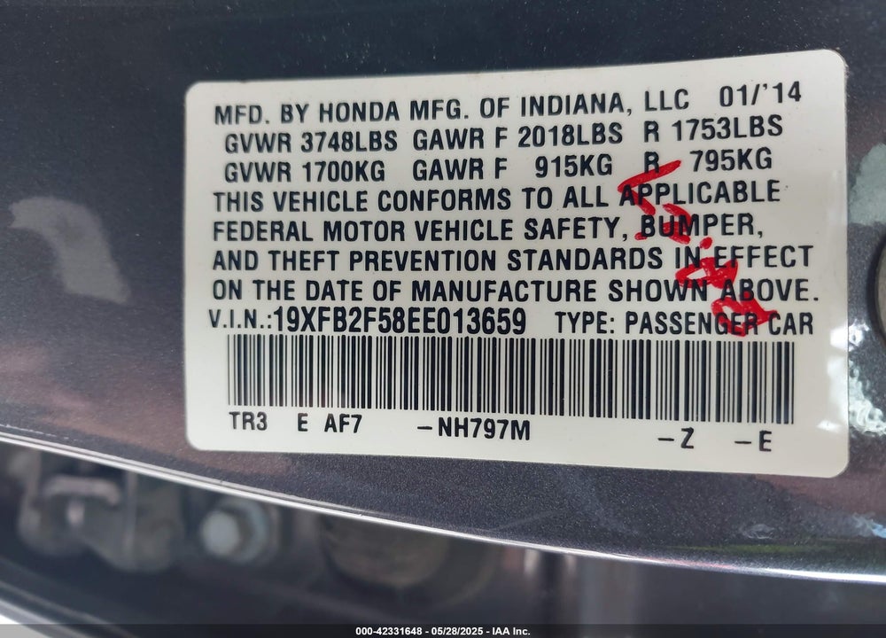 2014 HONDA CIVIC VIN: 19XFB2F58EE013659