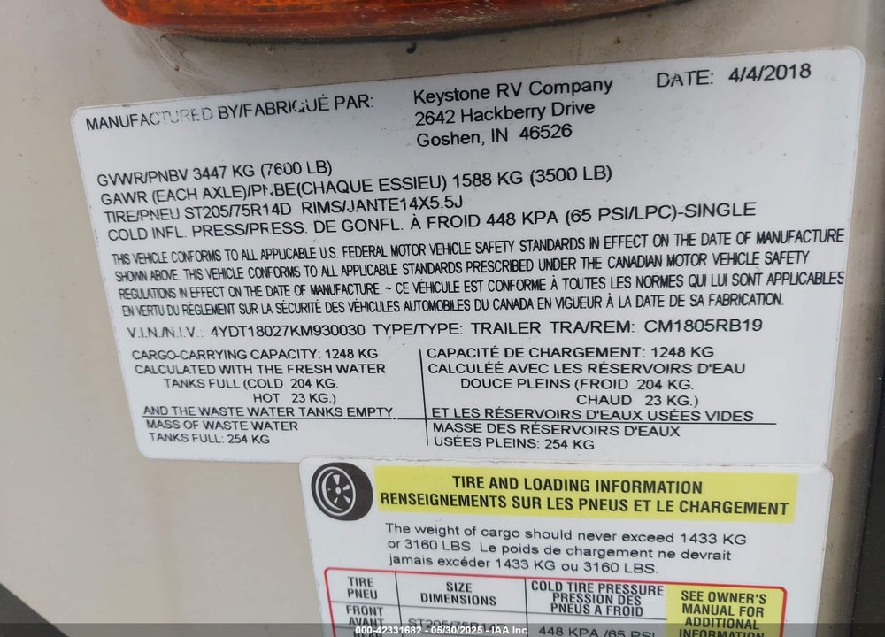2019 COLEMAN LANTERN 1805RB VIN: 4YDT18027KM930030