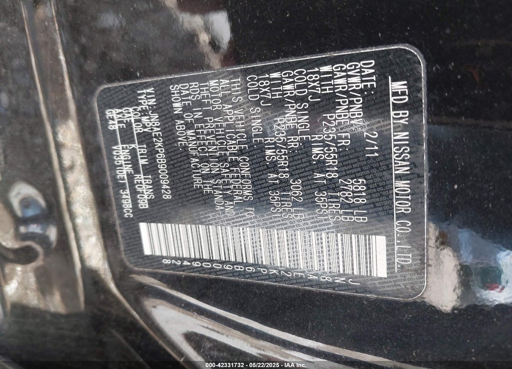 2011 NISSAN QUEST VIN: JN8AE2KP6B9009428