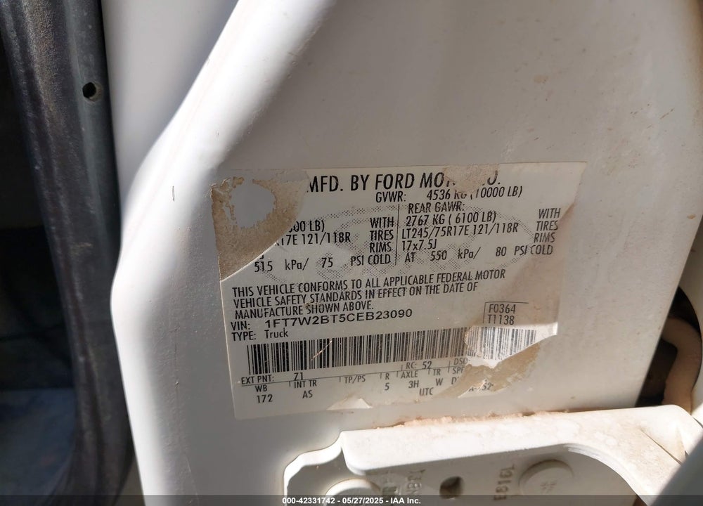 2012 FORD F-250 VIN: 1FT7W2BT5CEB23090