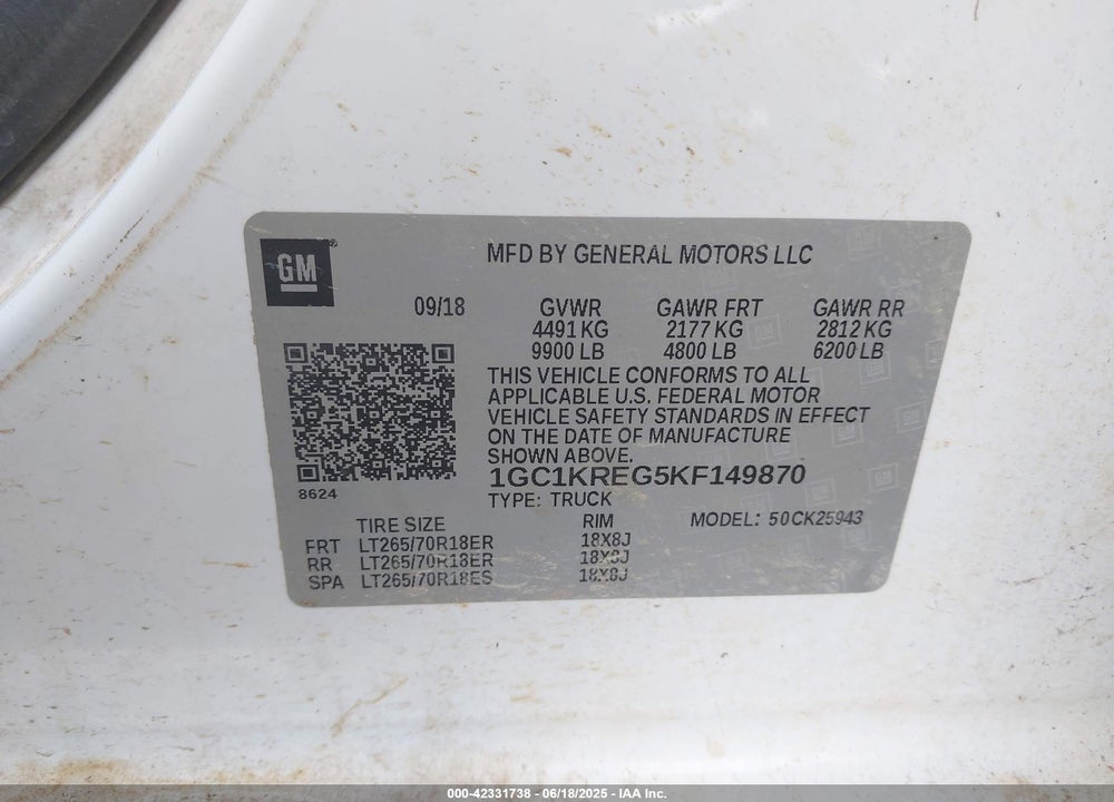 2019 CHEVROLET SILVERADO 2500HD WT VIN: 1GC1KREG5KF149870