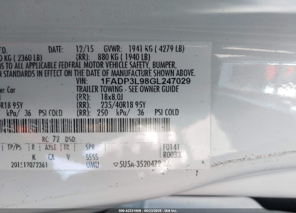 2016 FORD FOCUS VIN: 1FADP3L98GL247029