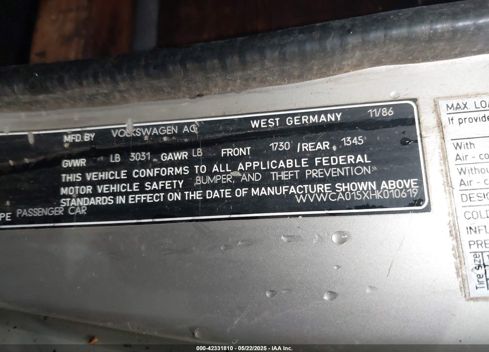 1987 VOLKSWAGEN CABRIOLET VIN: WVWCA015XHK010619