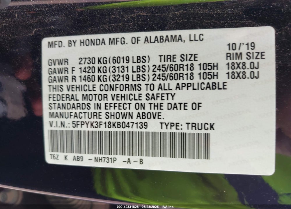 2019 HONDA RIDGELINE VIN: 5FPYK3F18KB047139