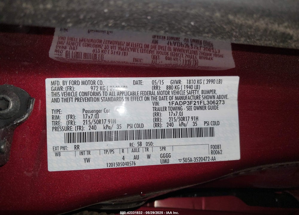 2015 FORD FOCUS SE VIN: 1FADP3F21FL306273