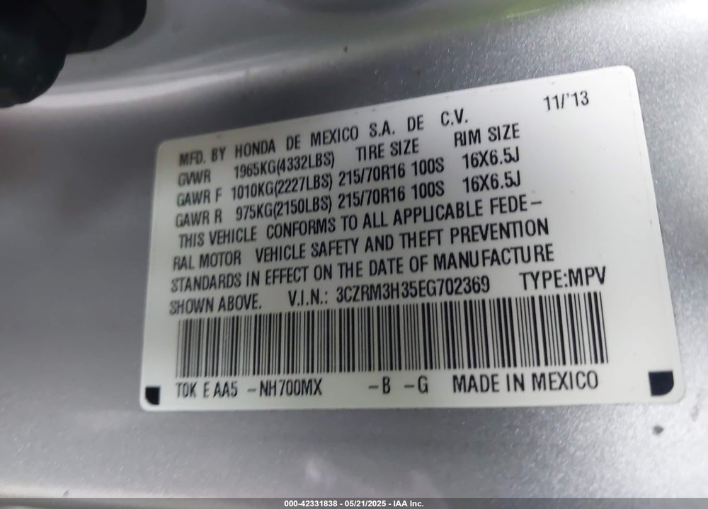 2014 HONDA CR-V VIN: 3CZRM3H35EG702369