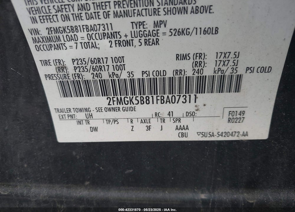 2015 FORD FLEX VIN: 2FMGK5B81FBA07311