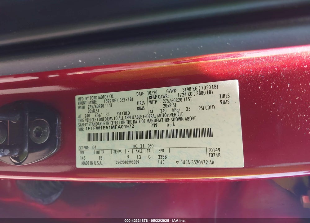 2021 FORD F-150 XLT VIN: 1FTFW1E51MFA01972