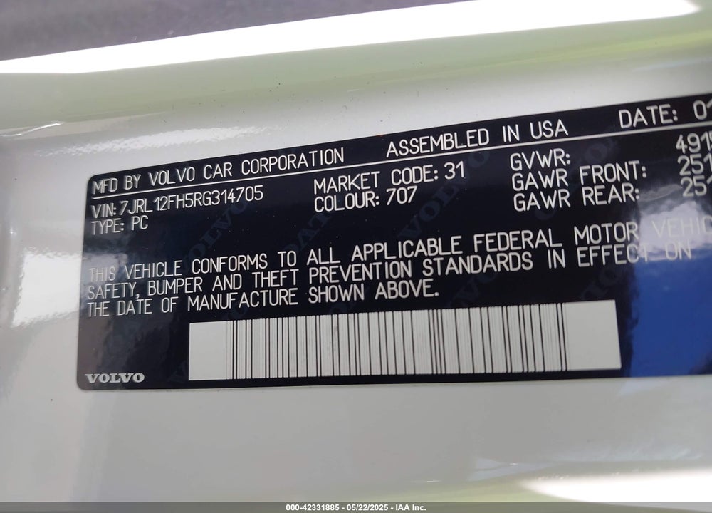 2024 VOLVO S60 VIN: 7JRL12FH5RG314705