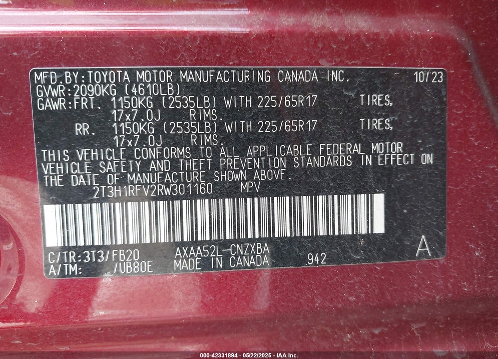 2024 TOYOTA RAV4 VIN: 2T3H1RFV2RW301160