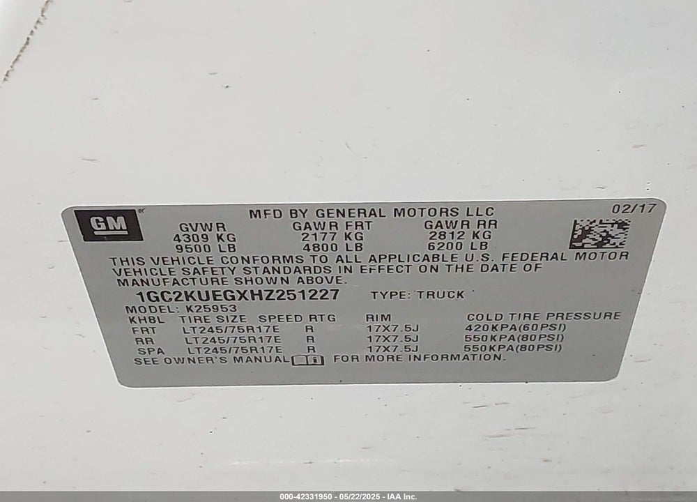 2017 CHEVROLET SILVERADO 2500HD VIN: 1GC2KUEGXHZ251227