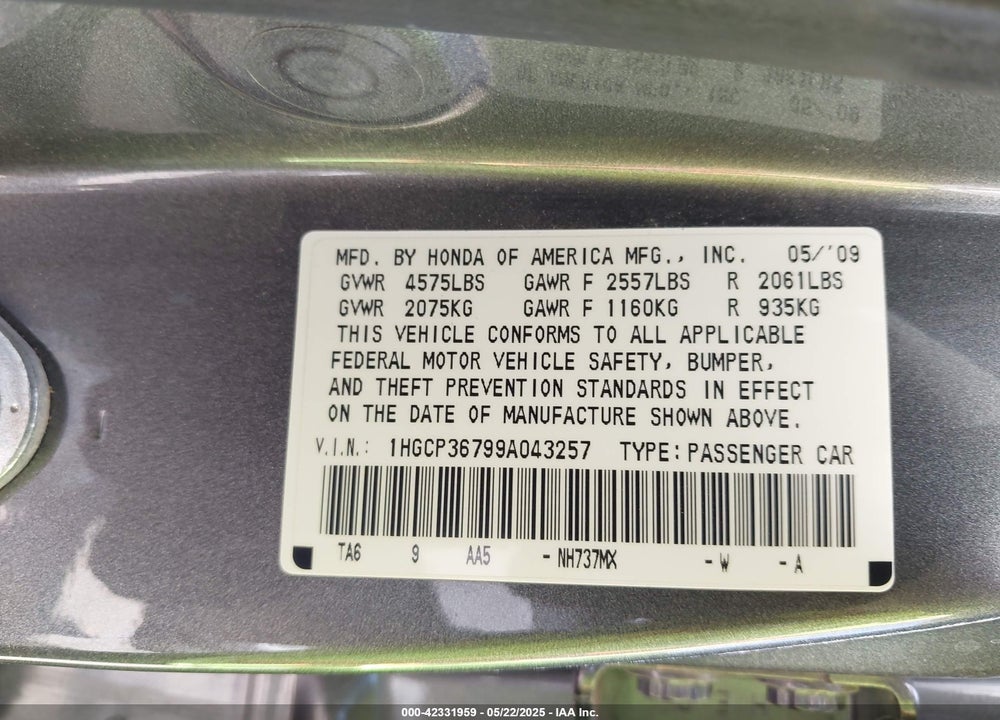 2009 HONDA ACCORD VIN: 1HGCP36799A043257