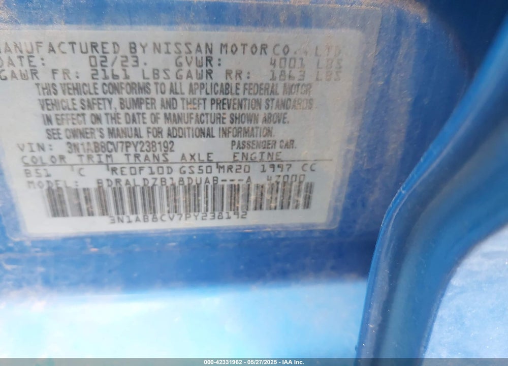 2023 NISSAN SENTRA VIN: 3N1AB8CV7PY238192