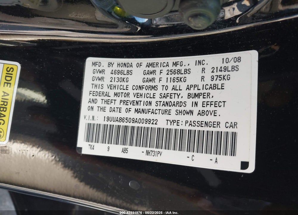 2009 ACURA TL VIN: 19UUA86509A009922