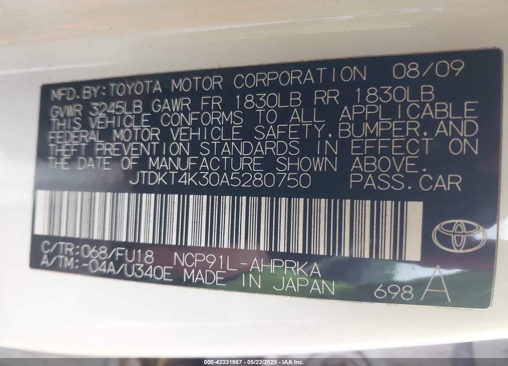 2010 TOYOTA YARIS VIN: JTDKT4K30A5280750