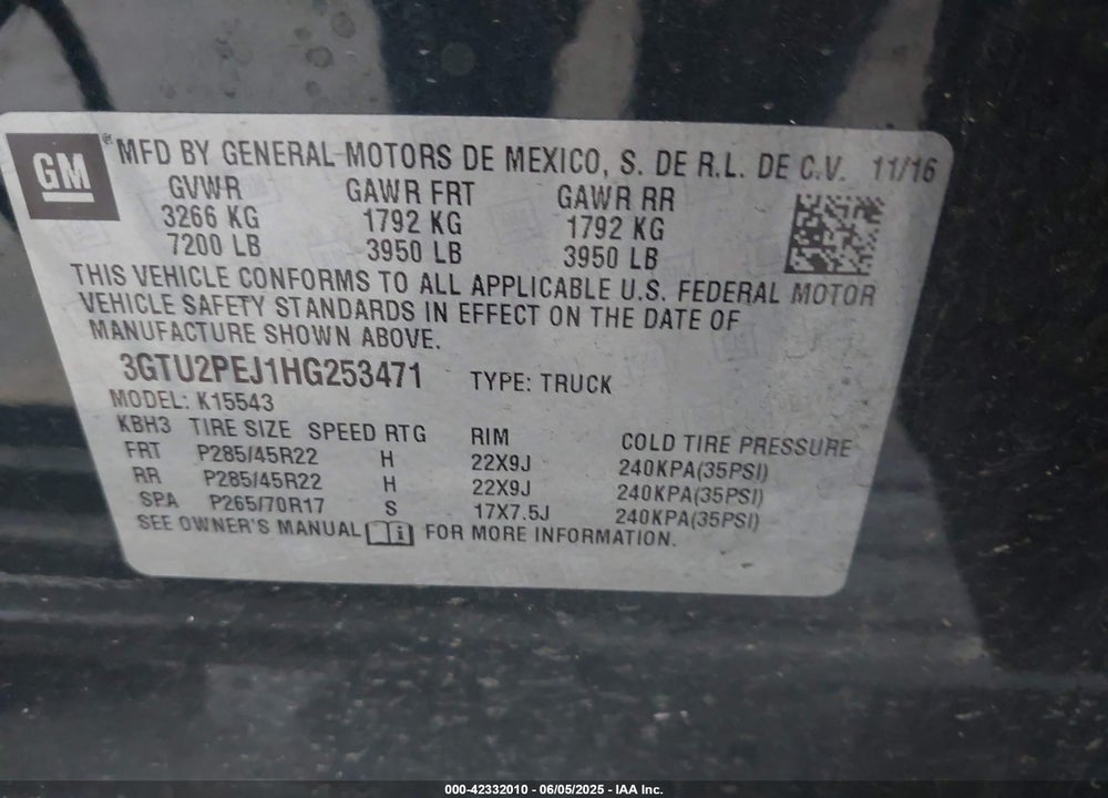 2017 GMC SIERRA 1500 VIN: 3GTU2PEJ1HG253471