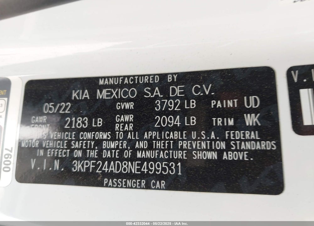 2022 KIA FORTE VIN: 3KPF24AD8NE499531
