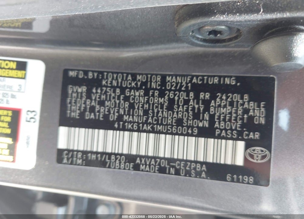 2021 TOYOTA CAMRY VIN: 4T1K61AK1MU560049