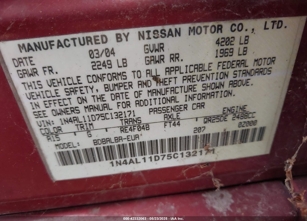 2005 NISSAN ALTIMA 2.5 S VIN: 1N4AL11D75C132171