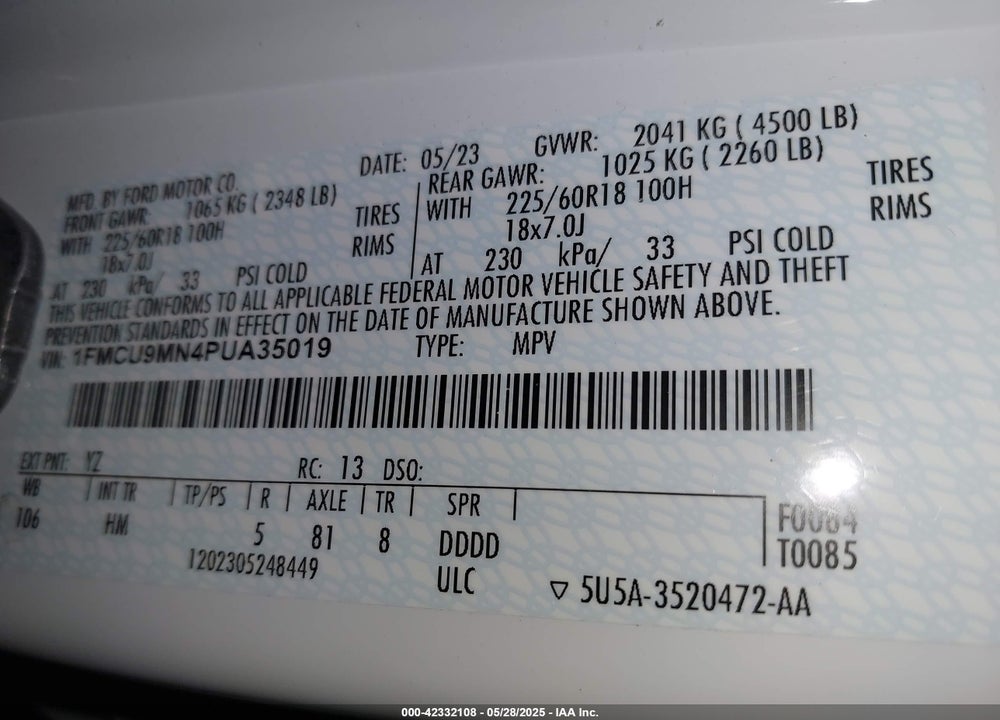 2023 FORD ESCAPE VIN: 1FMCU9MN4PUA35019