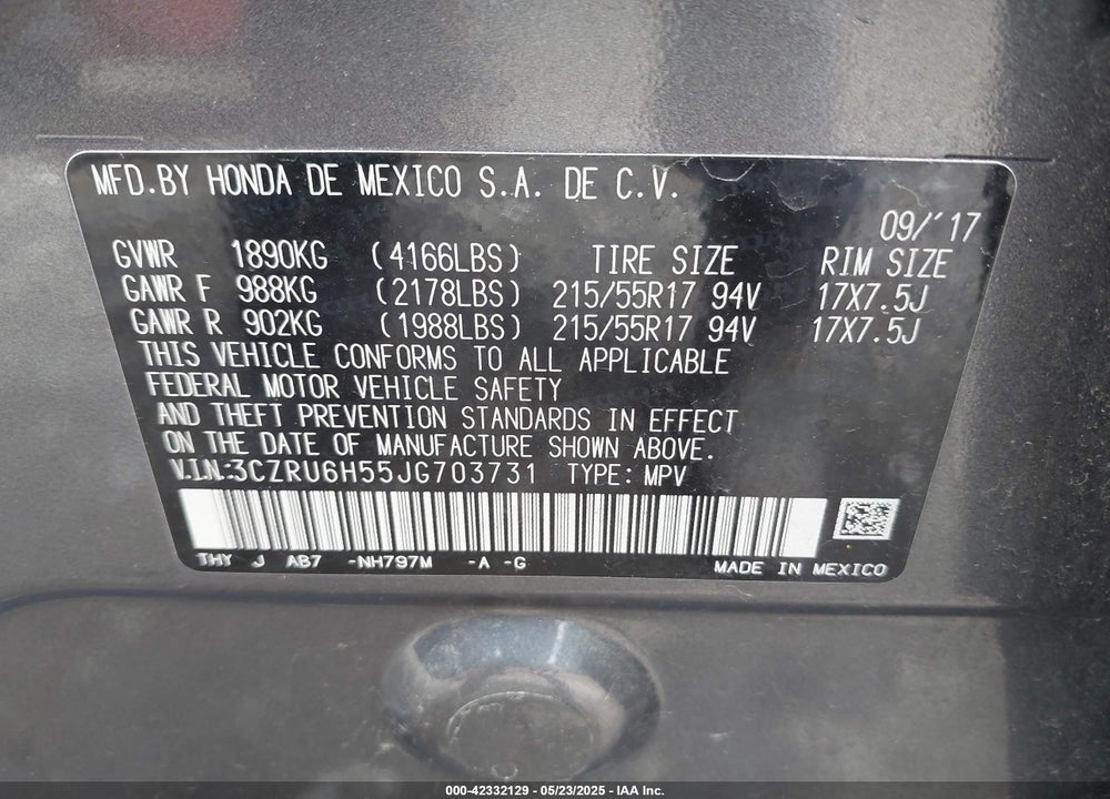 2018 HONDA HR-V EX VIN: 3CZRU6H55JG703731
