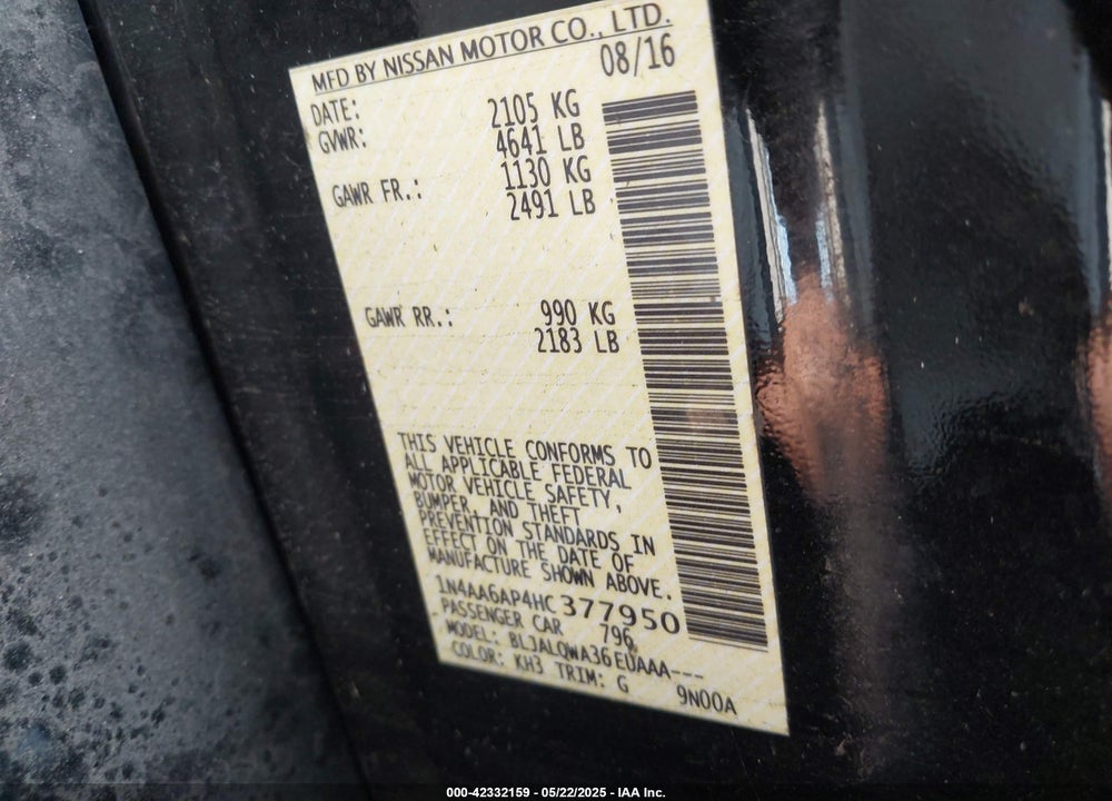 2017 NISSAN MAXIMA VIN: 1N4AA6AP4HC377950