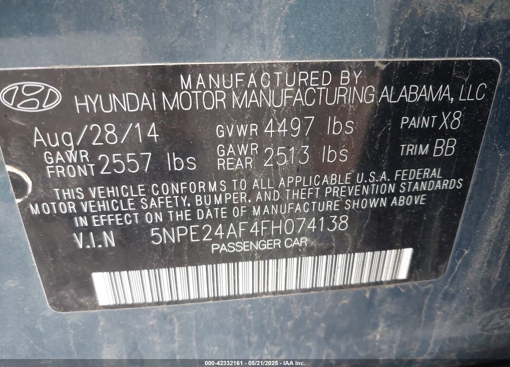 2015 HYUNDAI SONATA VIN: 5NPE24AF4FH074138