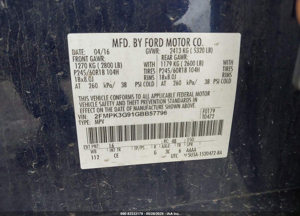 2016 FORD EDGE VIN: 2FMPK3G91GBB57796