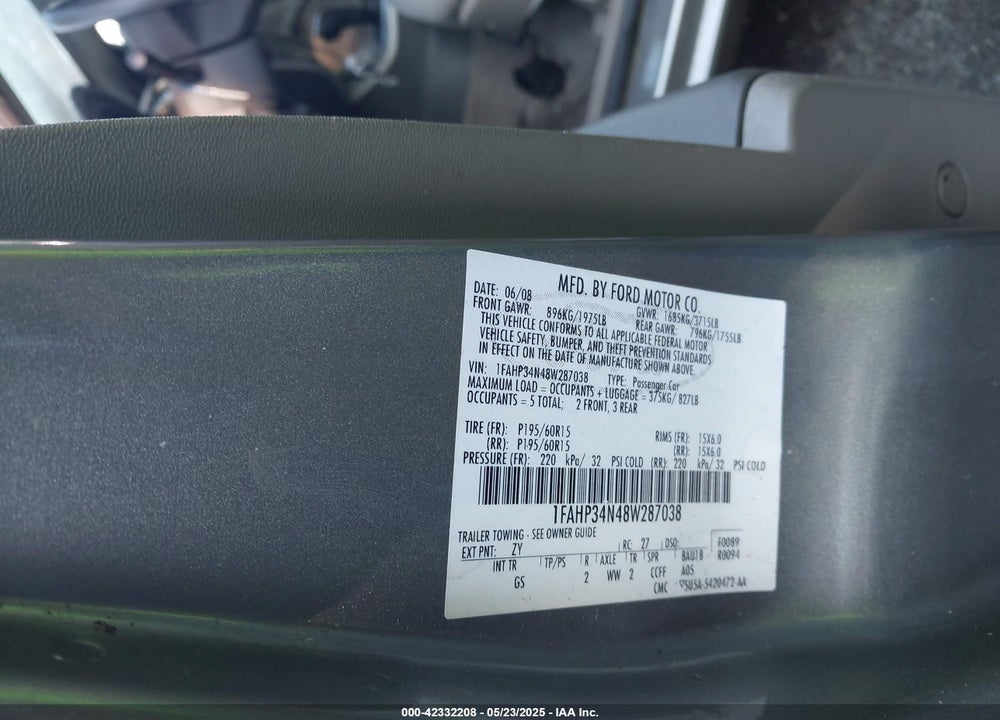 2008 FORD FOCUS S VIN: 1FAHP34N48W287038