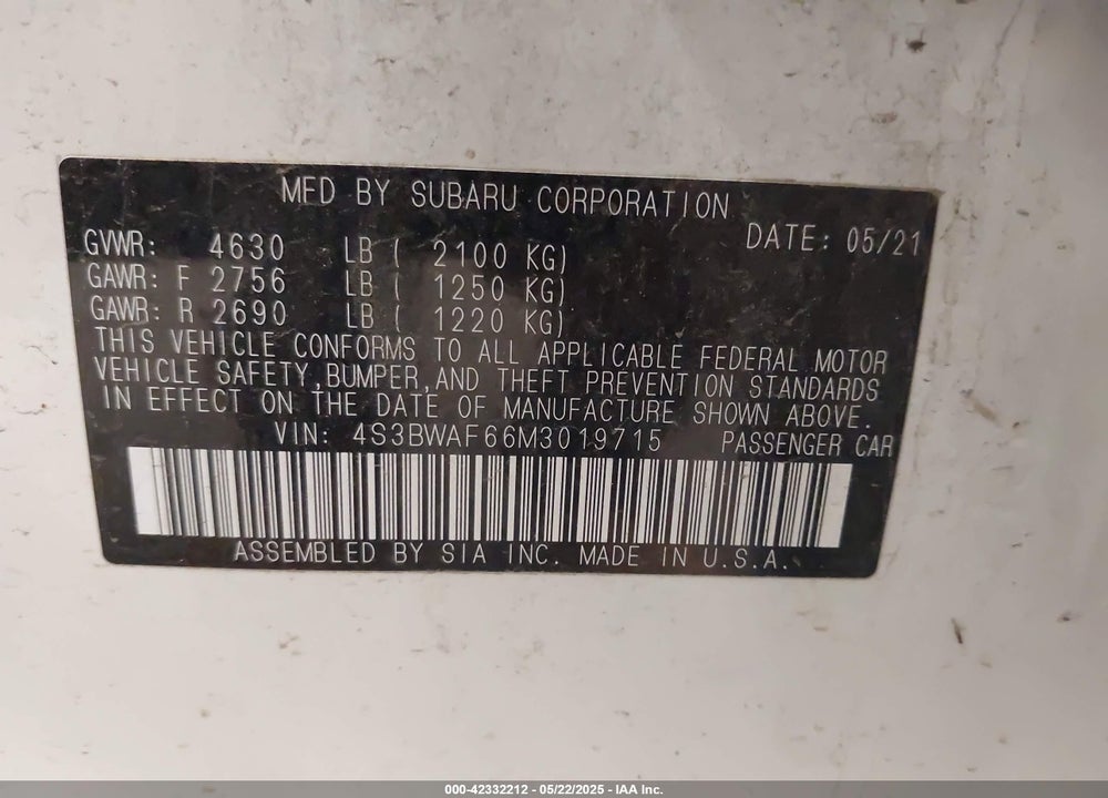 2021 SUBARU LEGACY VIN: 4S3BWAF66M3019715