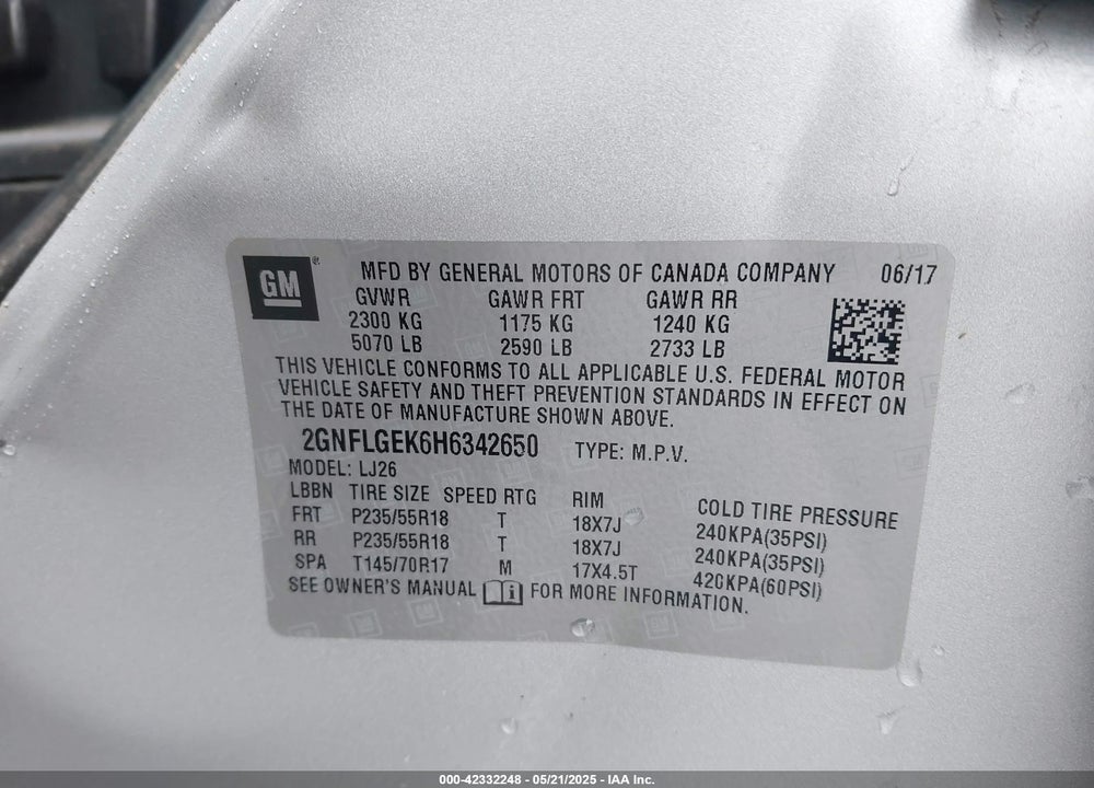 2017 CHEVROLET EQUINOX VIN: 2GNFLGEK6H6342650