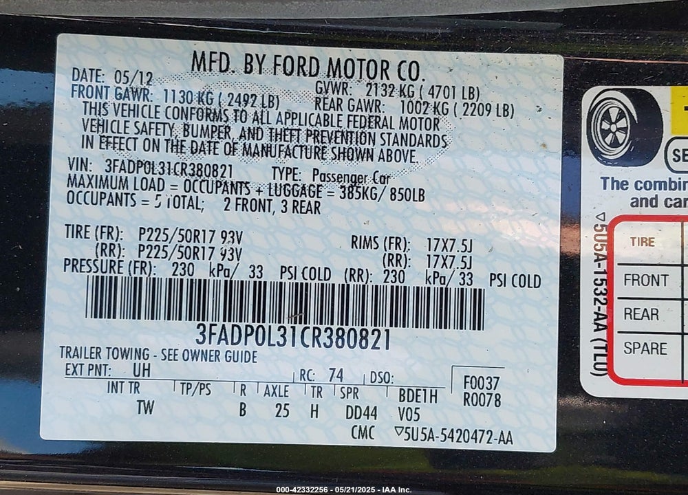 2012 FORD FUSION HYBRID VIN: 3FADP0L31CR380821