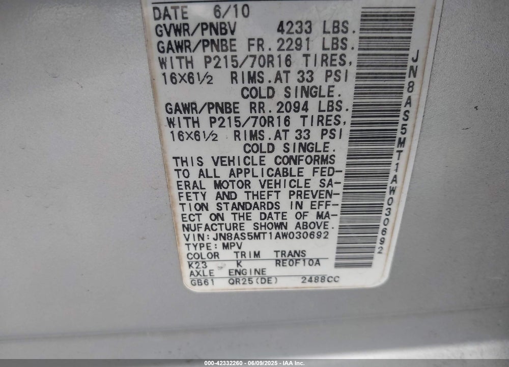 2010 NISSAN ROGUE S VIN: JN8AS5MT1AW030692