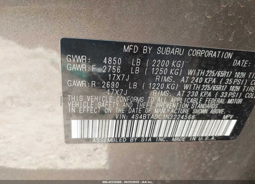 2022 SUBARU OUTBACK VIN: 4S4BTADC1N3224566