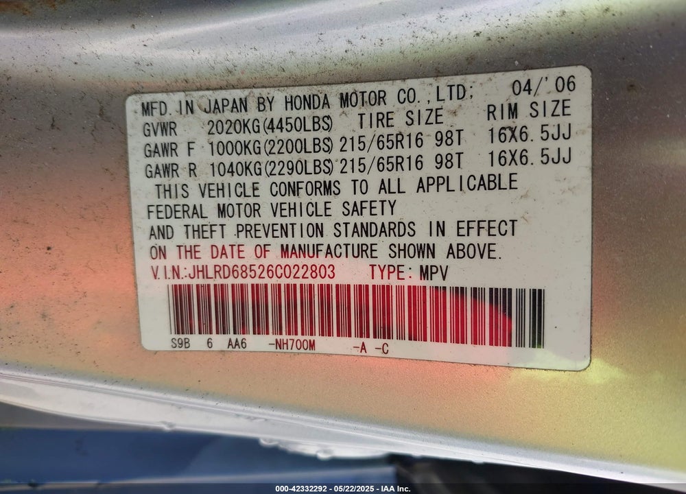 2006 HONDA CR-V LX VIN: JHLRD68526C022803