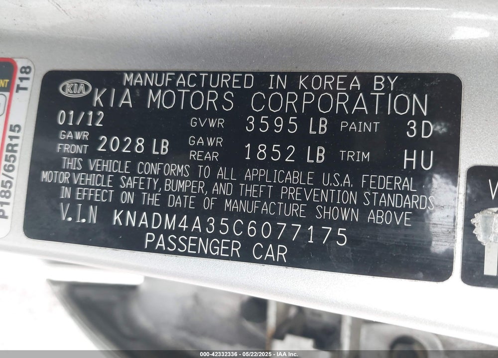 2012 KIA RIO VIN: KNADM4A35C6077175