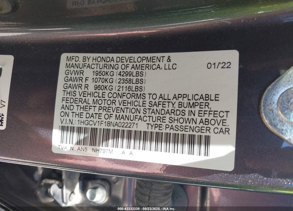2022 HONDA ACCORD VIN: 1HGCV1F18NA022271