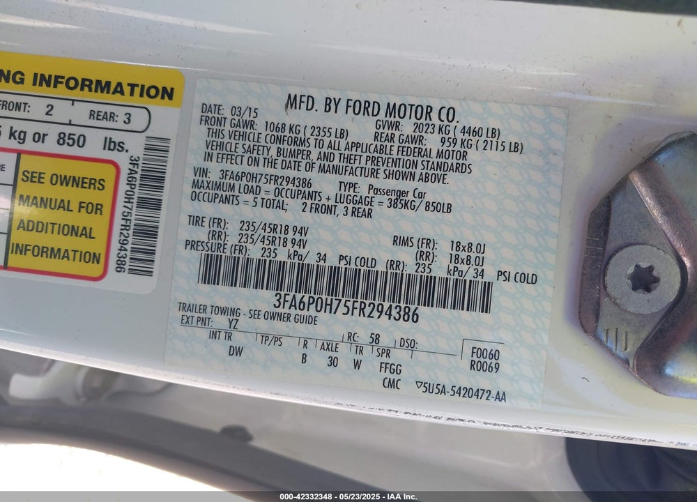 2015 FORD FUSION VIN: 3FA6P0H75FR294386